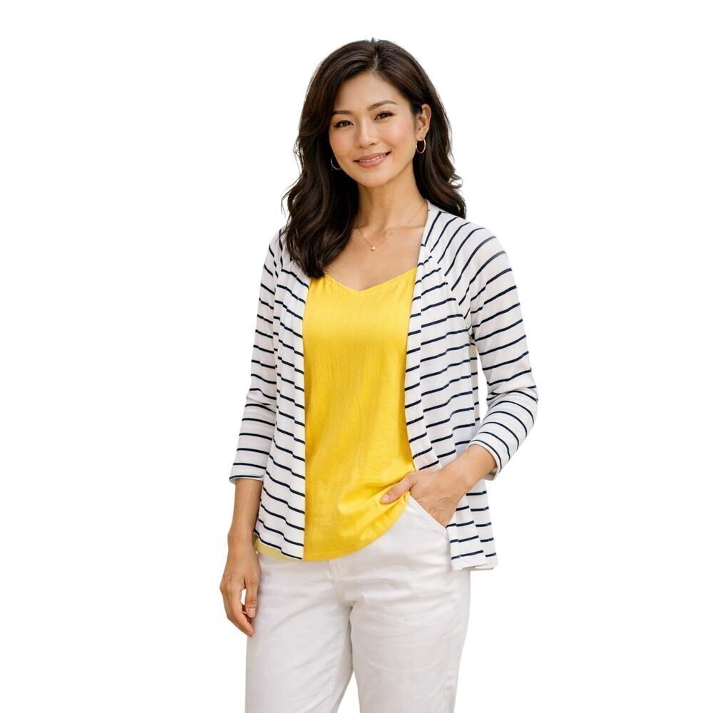 LILLA P Women's Striped Pima Cotton Open Front Cardigan White/Blue Size P/S